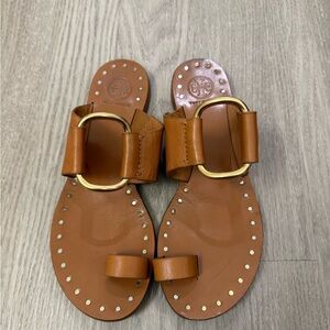 Tory Burch Brown Leather Sandals with Gold Buckle